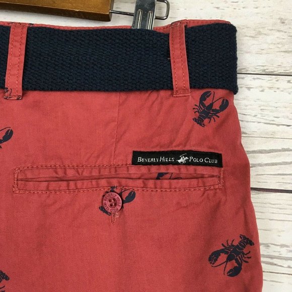 Lobster Print Mens Shorts - size 30 Beverly Hills Polo Club Red with Belt Cotton - Picture 3 of 9